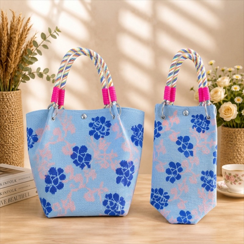 Sky Blue Floral Knitted Handbag