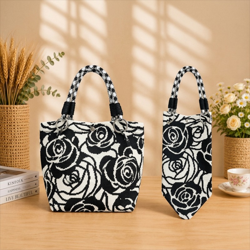 Black and White Floral Knitted Handbag