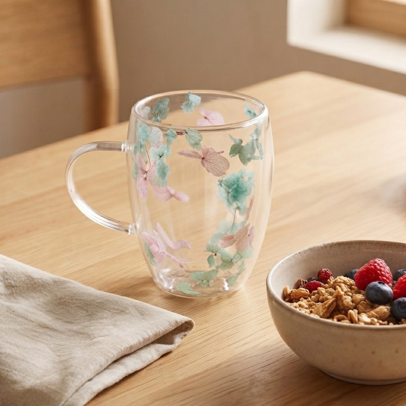 Premium Double Wall Flower Glass Mug