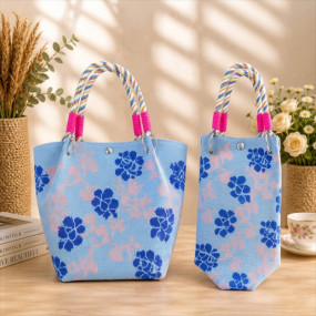 Sky Blue Floral Knitted Handbag